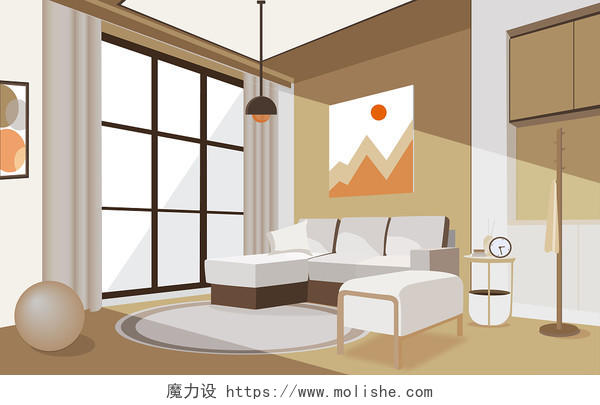 扁平家居插画装修客厅沙发室内场景图家具元素侧面视角PNG素材